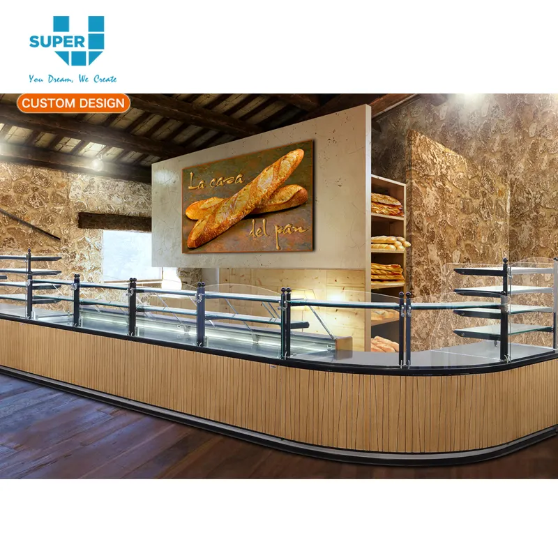 Soporte de madera a medida para suelo de vidrio, expositor de vidrio personalizado para panadería, tienda, departamento, diseño de Interior