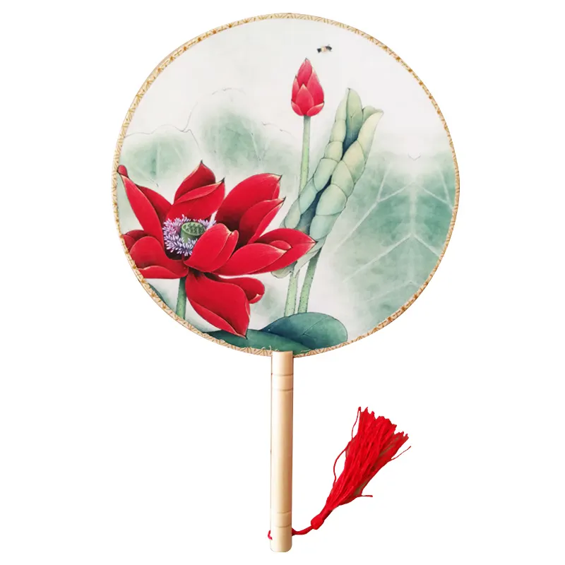 Ventoinha redonda com logotipo chinês esculpido em bambu e seda estilo dinastia Tang, flor artesanal branca para presente promocional de arte popular