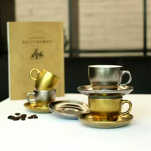Cangkir Espresso Tebal Dipersonalisasi, 50/110/200/300Ml Cangkir Espresso Keramik Lapis Emas dan Cangkir Piring Kopi Latte untuk Kafe