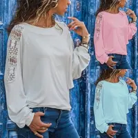 2019 Весенняя женская футболка с круглым вырезом на шее, повседневные топы с длинными рукавами Дамы Модные свободные рубашки для мальчиков однотонная кружевная блузка