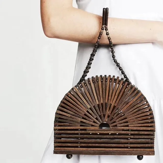 Summer Bamboo Handbag For Ladies Women Half Round Bamboo Bag Handmade Woven Straw Beach Bag Basket Female Tote Bags Wooden Purse