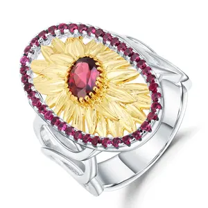 Abiding Natural Rhodolite Garnet Gemstone Finger Ring Sunflower 925 Sterling Silver Ring Women