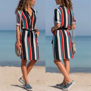 Vestido camisero de manga larga para mujer, vestido playero bohemio de gasa, informal, estampado a rayas, para verano, 2023