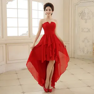 Gaun Malam Sifon Gaya Eropa, Gaun Malam Sifon Off Shoulder Pendek Depan Belakang Panjang Merah