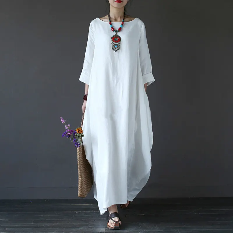 Gaun Wanita Linen Katun Longgar 4xl 5xl, Gaun Kemeja Boho Pantai Putih Linen Lengan Panjang Musim Panas Musim Semi