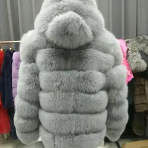 Manteau d'hiver en fourrure de renard gris clair pour femme, couleur personnalisée de luxe, à capuche avec vraie fourrure