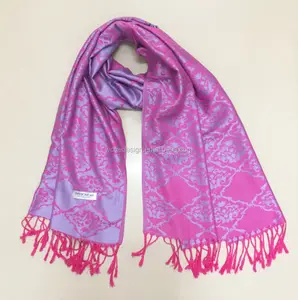 China supplier asian prety good polyester blend viscose wrap muffler jacquard florals pashmina fringes scarf