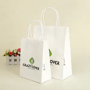 simple logo print Square Bottom Retail White kraft Paper gift Bag