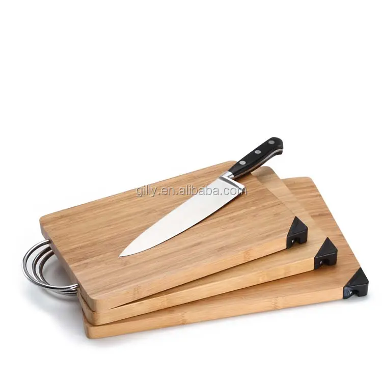 Planche à découper en bois de bambou, dispositif d'affûtage de couteaux, bloc à découper en bois de chêne avec cintre en acier inoxydable de 3 tailles différents