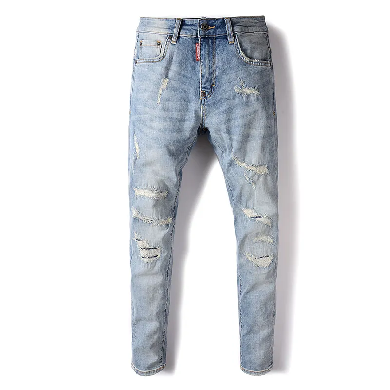 Mens Ripped Skinny OEM custom royal lichtblauw met foto's van jeans broek voor mannen