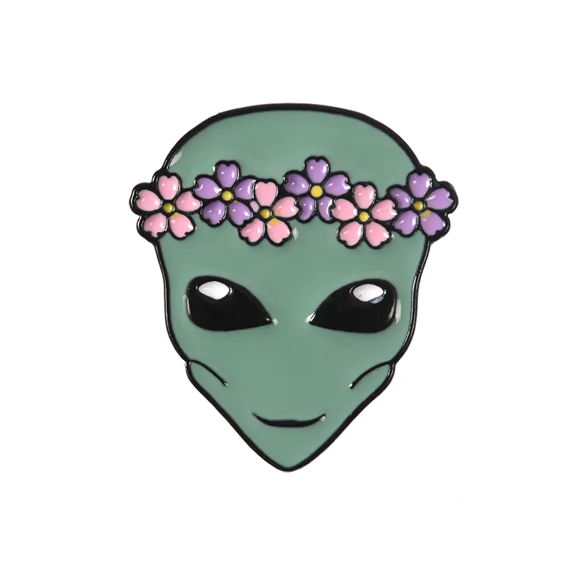 QIHE New Arrival ! Cute Funny Outer Space ET Flower Crown Alien Saucer Man Soft Enamel Brooches Pins For Friends