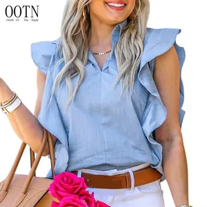 OOTN Blue Ruffle Sleeveless Office Blouse Femme Chemise Summer Blouse Women 2020 Tunic Women Shirt Ladies Blouse And Tops