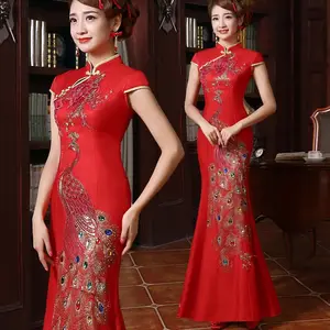 Elegante bordado largo rojo Cheongsam vestidos de boda/noche 2016