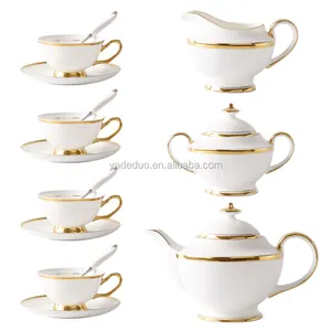 Juego de tazas de café y té doradas de porcelana, tetera dorada de lujo para Hotel, jarra de azúcar, 15 Uds.