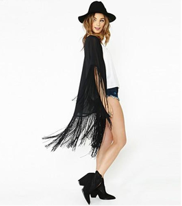 Negro borlas flecos brazalete gasa Kimono blusa camisa chaqueta - Product Image 2