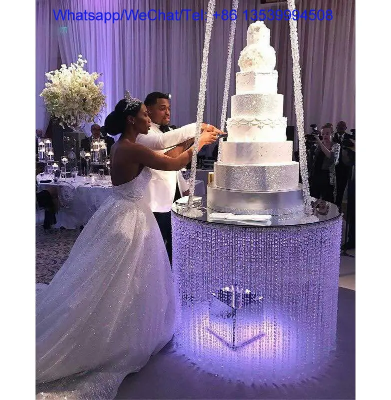 Hot koop zilver opknoping kristallen cake stand voor bruidstaarten