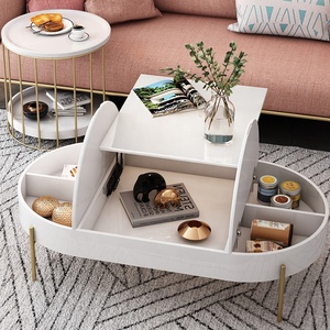 Bàn Nâng Bên Hông Khung Kim Loại Màu Vàng Khung Hình Bầu Dục Thiết Kế Bắc Âu Có Thể Di Chuyển Bàn Cà Phê Hiện Đại Màu Trắng Độ Bóng Cao - Product Image 2