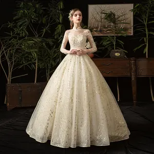 2019 Summer New Luxury Long sleeve Champagne Gold Ball Gown Princess Lace Wedding Gowns Plus Size Bridal Dress