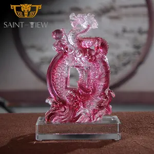 Chinese Dragon With Coin Red Casting Glass Crystal Sculpture Home Decor Craft