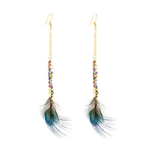 Hot Sale Tassel Feather Earrings National Peacock Feather Pendent Hoop Earring For Women