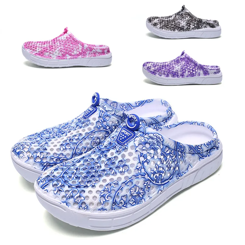 summer half woman shoe beach clogs shoes New blue and white porcelain shoes women clog