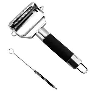 Factory Ultra Sharp Rubber sprayed Stainless Steel Dual Serrated Vegetable Peeler with Cleaning Brush