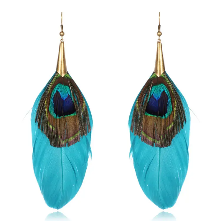 Bijoux de mode longue plume de paon bleu sexy boucles d'oreilles