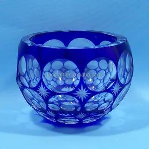 handmade bohemia round crystal glass ashtray blue with engraved pattern