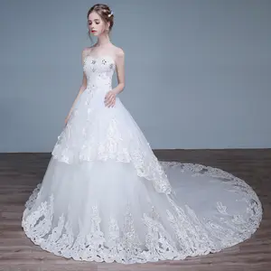 Hot Sale Luxury Beaded Long Tail Lace Bridal Gowns Wedding Dresses For Bride 2018