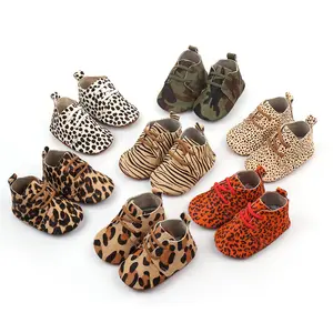 Hongteya New Genuine Leather Baby shoes Leopard print Baby Girls Soft shoes Horse hair Boys First walkers Lace Baby moccasins