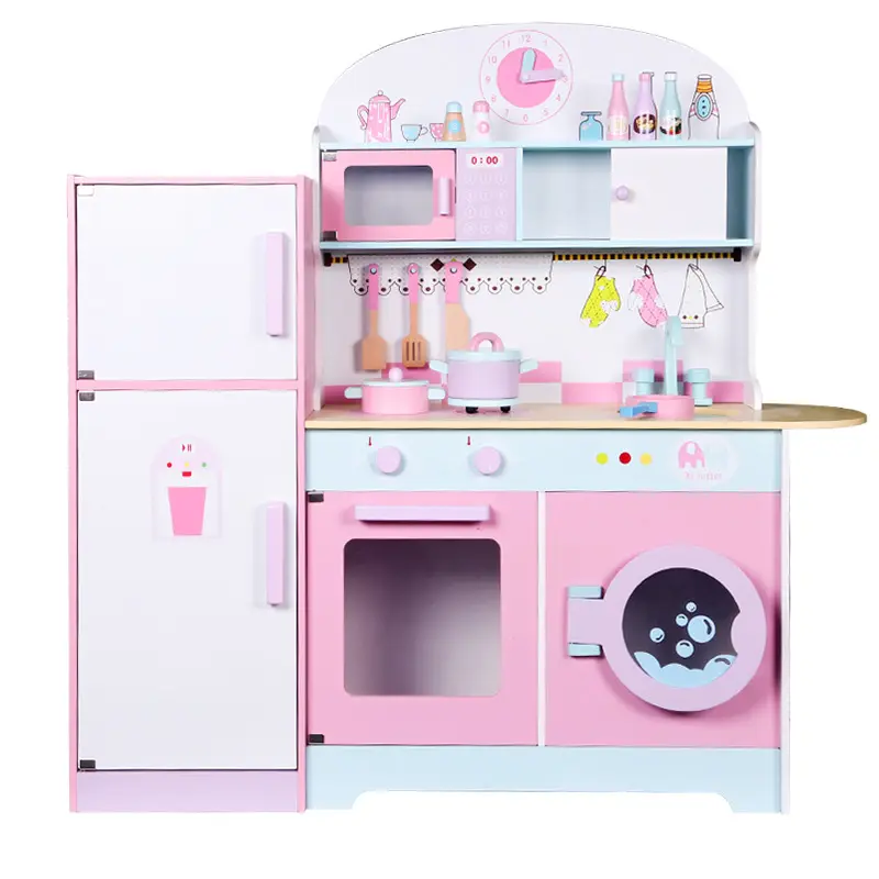 Mainan Kulkas Dapur Besar Kayu Merah Muda untuk Anak Perempuan Mainan Dapur Edukasi Permainan Berpura-pura untuk Anak-anak