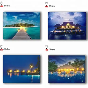 Led painting on canvas Maldives holiday resort with cottage seascape picture wall art decor poster and print light up