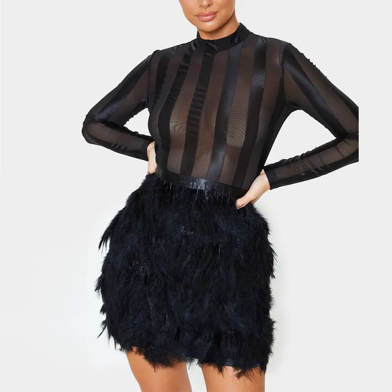 Sexy Sheer Long Sleeve Feather Skirt Mini Bodycon Party Dress Ladies