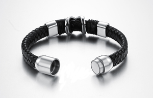 Véritable bracelet en cuir hommes en acier inoxydable en cuir tresse Bracelet avec boucle magnétique claps pulseiras masculina - Product Image 3