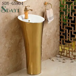 ceramic golden color luxury pedestal porcelain art basin bathroom gold stand pedestal sink