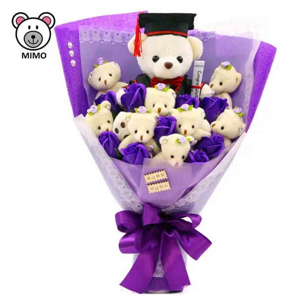 University Gift Afstuderen Knuffel Dier Bloem Boeket Cartoon Paars Gevulde Soft Toy Pluche Teddybeer Afstuderen Boeket