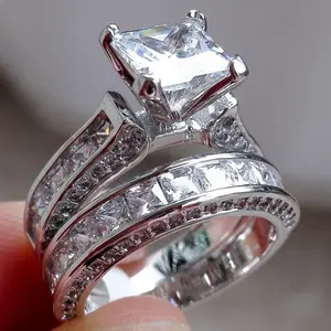 Conjunto de dos piezas de joyería para mujer, anillo de compromiso de boda, sortija de diamante