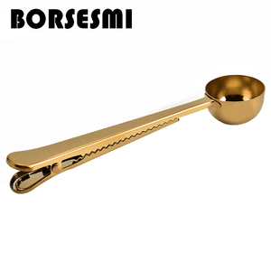 Hete Hoogwaardige Gouden 2-In-1 Maatlepel Koffieboon Maatlepel Roestvrijstalen Fruitgraafmachine Met Afdichtingsclip