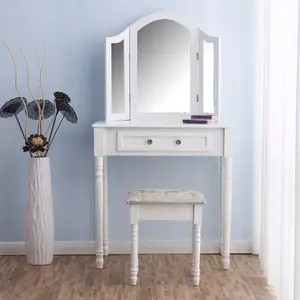 Muebles tocador 3 manera espejos espejo Triple maquillaje cómoda conjunto con heces (blanco)
