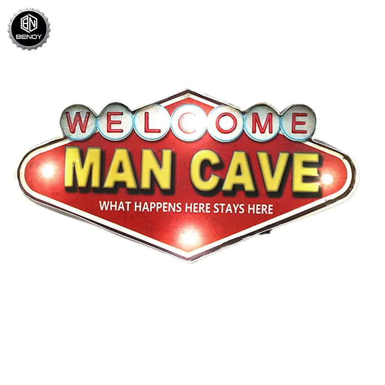 Welcome MAN CAVE Vintage Metal Tin BAR Signs with LED Light for Wall Decoration