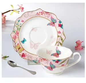 Ensemble de thé à motif de papillon, en céramique, porcelaine, tasse à café/thé et soucoupe avec cuillère