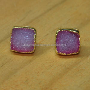 Coussin forme rose Druzy pierre précieuse 925 argent Sterling plaqué or boucles d'oreilles bijoux faits à la main bas prix coussin coupe boucle d'oreille - Product Image 3
