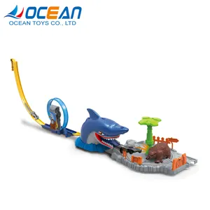 Children's electric 플라스틱 shark 슬롯 차 불어 넣어주는 360 degree 곡선 track 궤도 toy