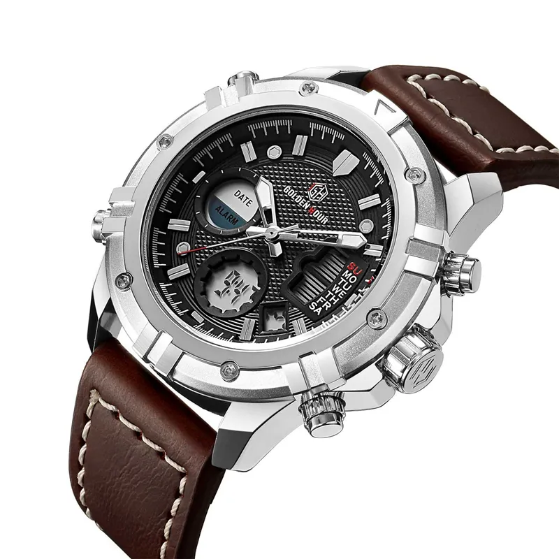 GOLDEN HOURSQuartz Dual Time Watch Men Date Week Alarm Multifunction Fashion Sports Leather Strap Wrist Watches