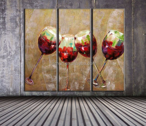 Dipinto a Olio su Tela di Alta Qualità Fatto a Mano dall'Artista, 3 Pannelli, Raffigurante Bicchieri di Vino, <span class=keywords><strong>per</strong></span> Decorazione <span class=keywords><strong>Cucina</strong></span> - Product Image 3