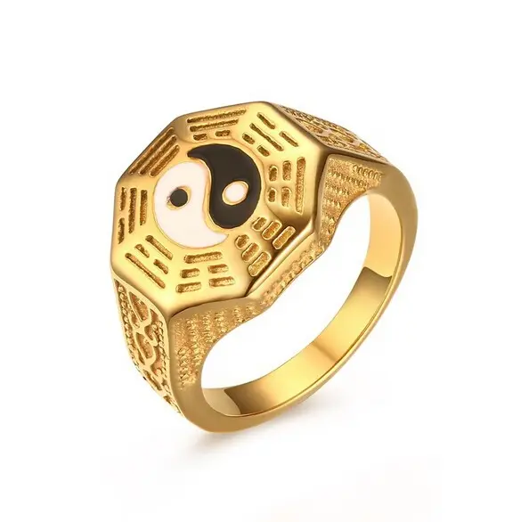 Chinese national style gossip geomancy culture gold cast stainless steel ring