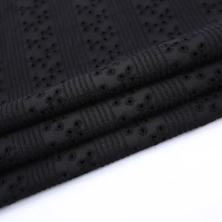 Tela bordada de algodón orgánico, malla de gasa, color negro, a la moda, venta al por mayor