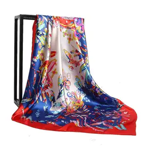 Floral Printed Silk Scarf Women Luxury Brand Design Faux Satin Square Shawl Head Hijab Scarfs for Ladies 90*90 cm