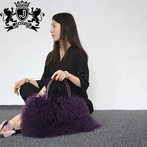 Handmade Unique Design Vintage Style Lady Shoulder Bag Beach Wool Genuine Fur Handbag