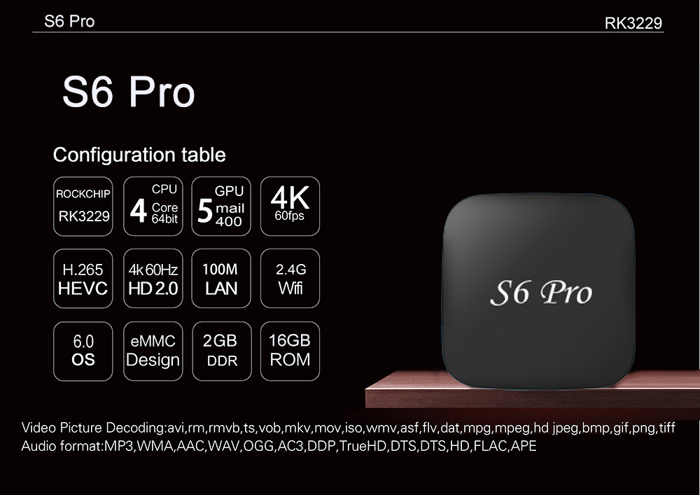 H.264 h.265 ott bluetooth s6 pro flux quad core xbmc rk3229 android 6.0 récepteur satellite android smart tv box 2 gb ram